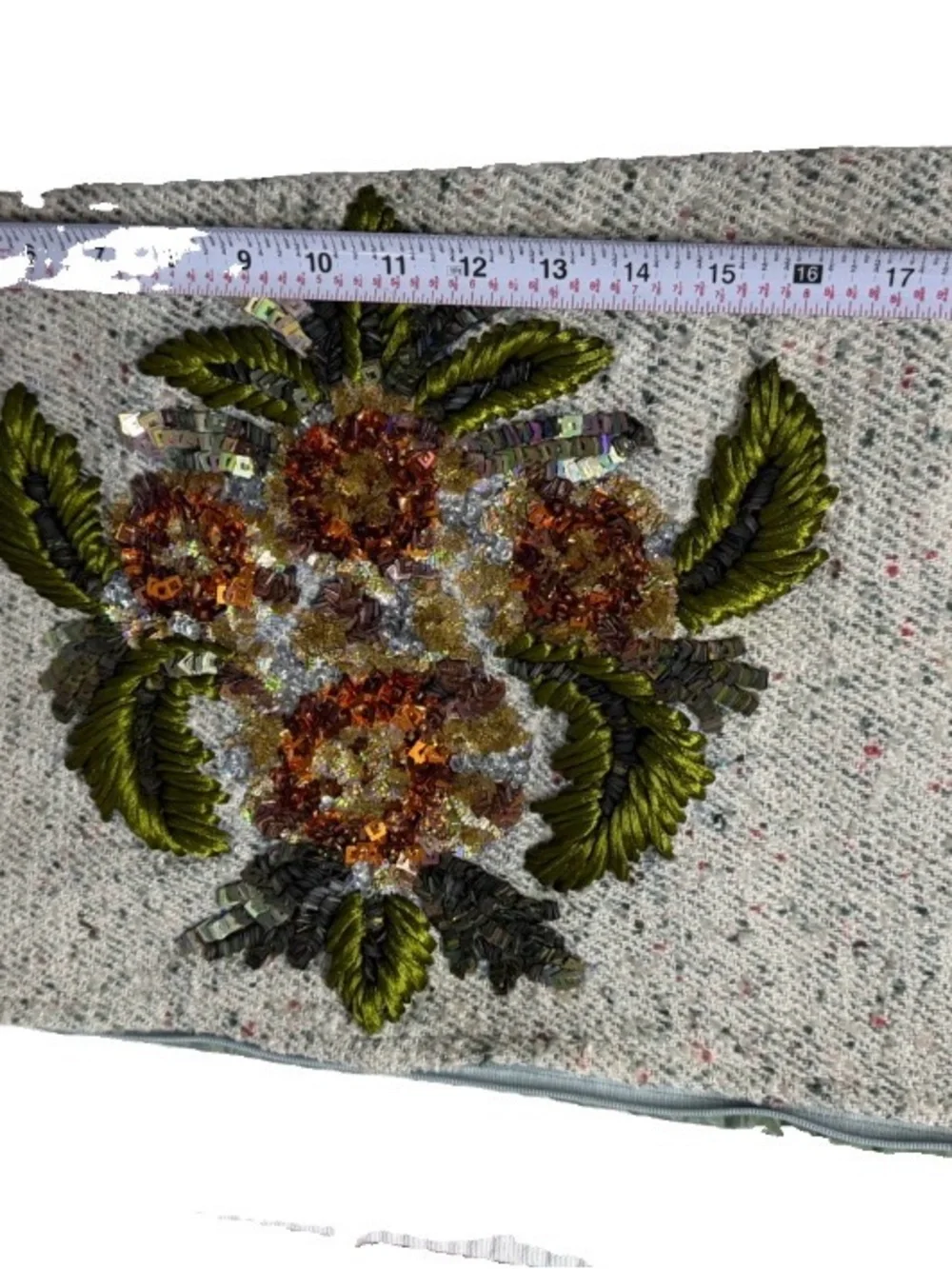 Vtg handmade Embellished Floral pillow cover in Ivory with Green Accents tweed